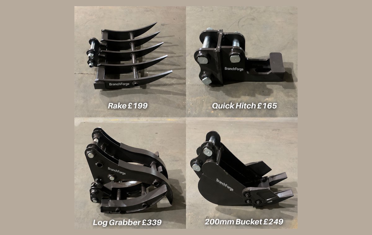 CREX10-K attachments: rake, quick hitch, log grabber and 200 mm bucket