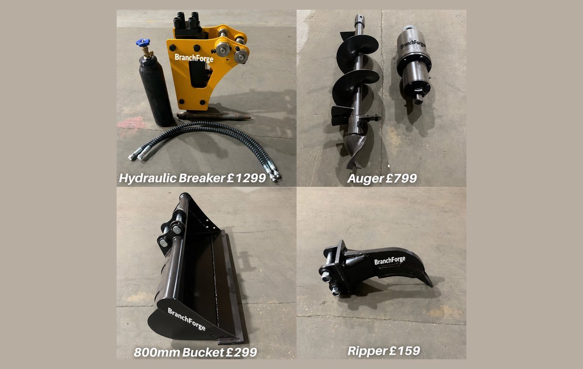 CREX10-K attachments: hydraulic breaker, auger, 800 mm bucket and ripper